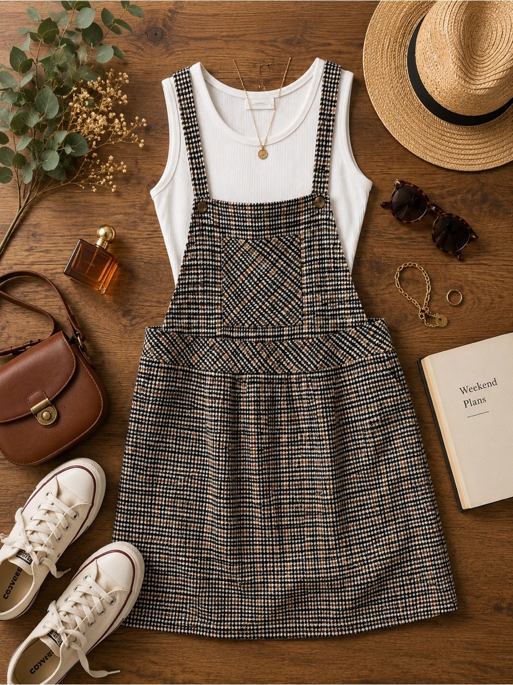 Torrid 2X Tie-Back Bib Houndstooth Pinafore Dress in Black, Cream & Rust